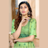 Light Green Heavy Reyon Slub Print Kurthi with Exculsively Embriodery